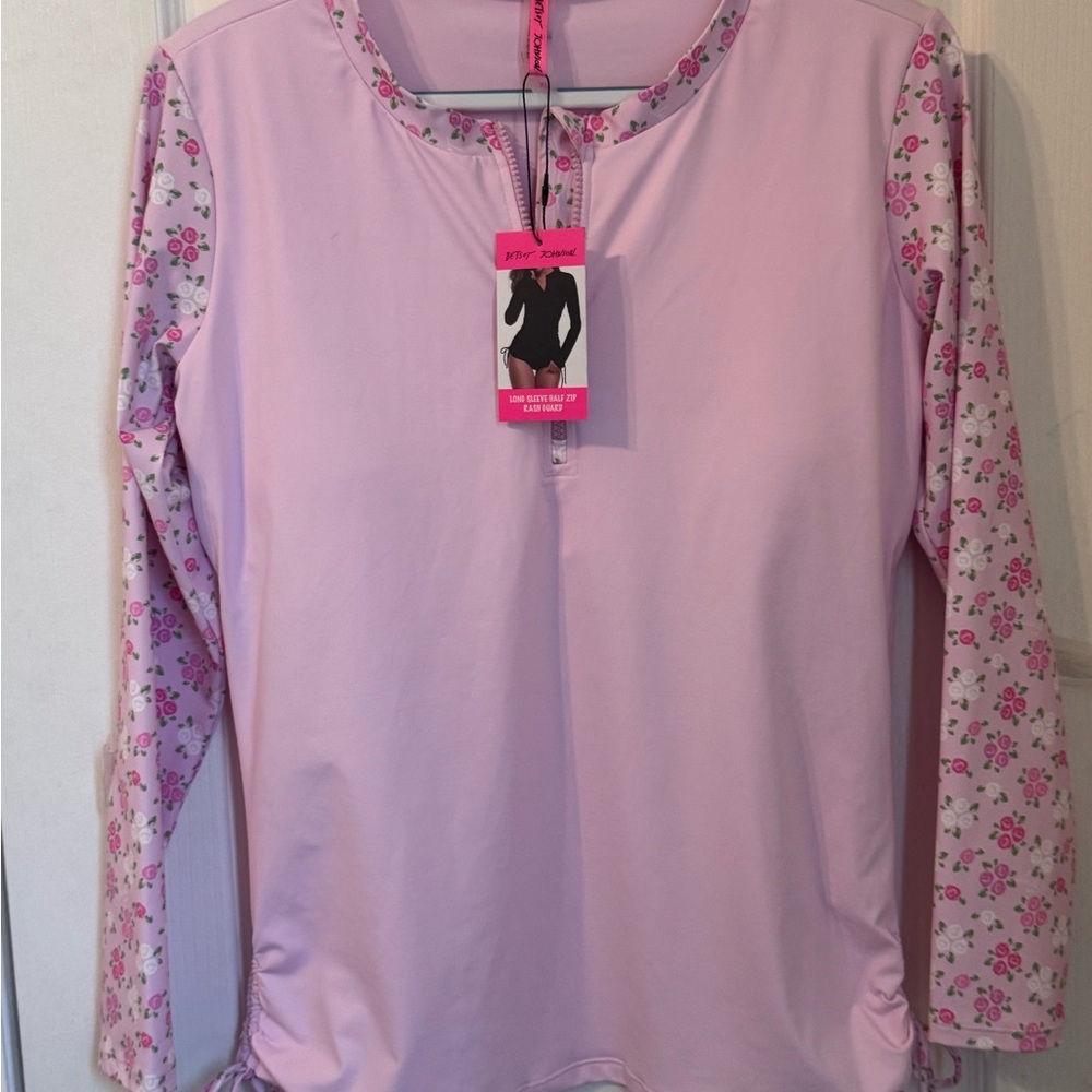 BETSEY JOHNSON RASH GUARD SWIM TOP. LONG SLEEVE UPF 50. SIZE L PINK FLORAL - Picture 9 of 13